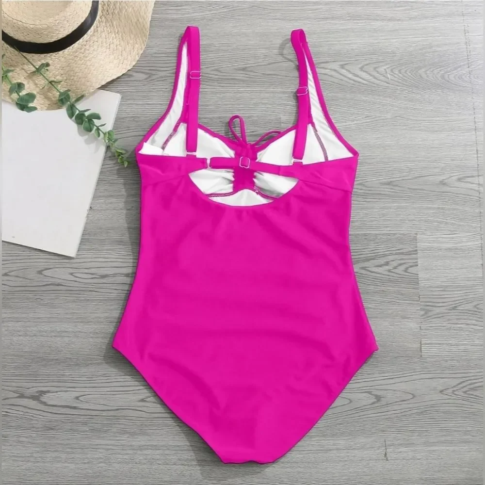 DACI Retro Tummy Control Ruched Barbie Hot Pink Adjustable Plus Swimsuit NWT 20W - Picture 6 of 13